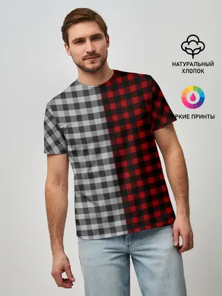 Мужская базовая футболка / Красно белая рубашка в клетку