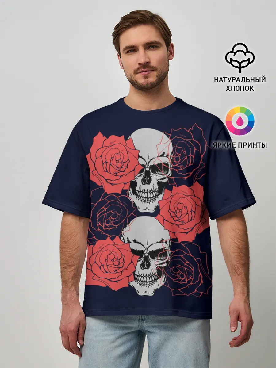 Мужская футболка оверсайз / Rose Skull