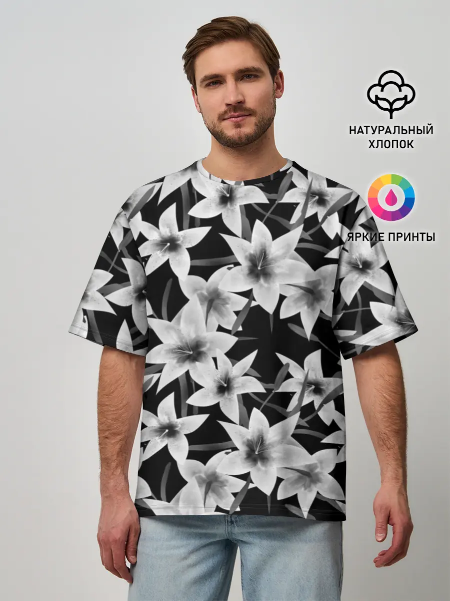 Мужская футболка оверсайз / Лилии черно-белые