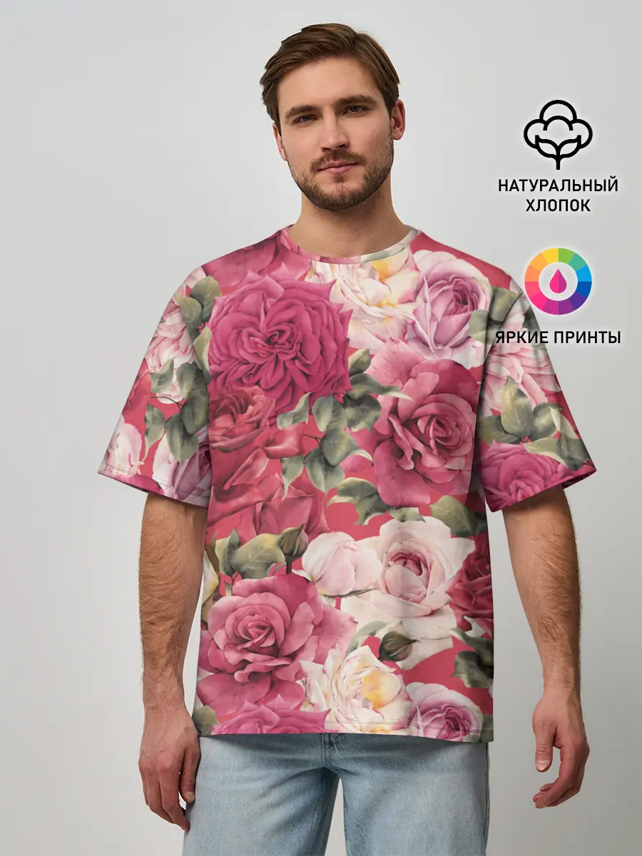 Мужская футболка оверсайз / Акварель, розы