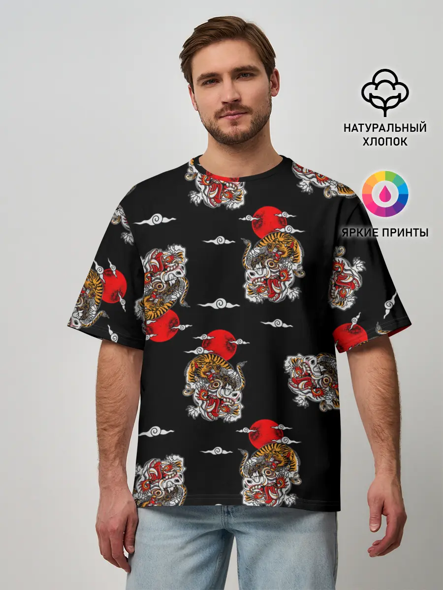 Мужская футболка оверсайз / Японский стиль - тигры
