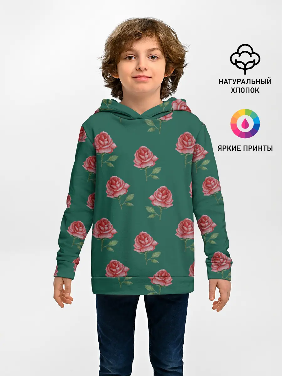 Детское худи / Розы на зеленом фоне
