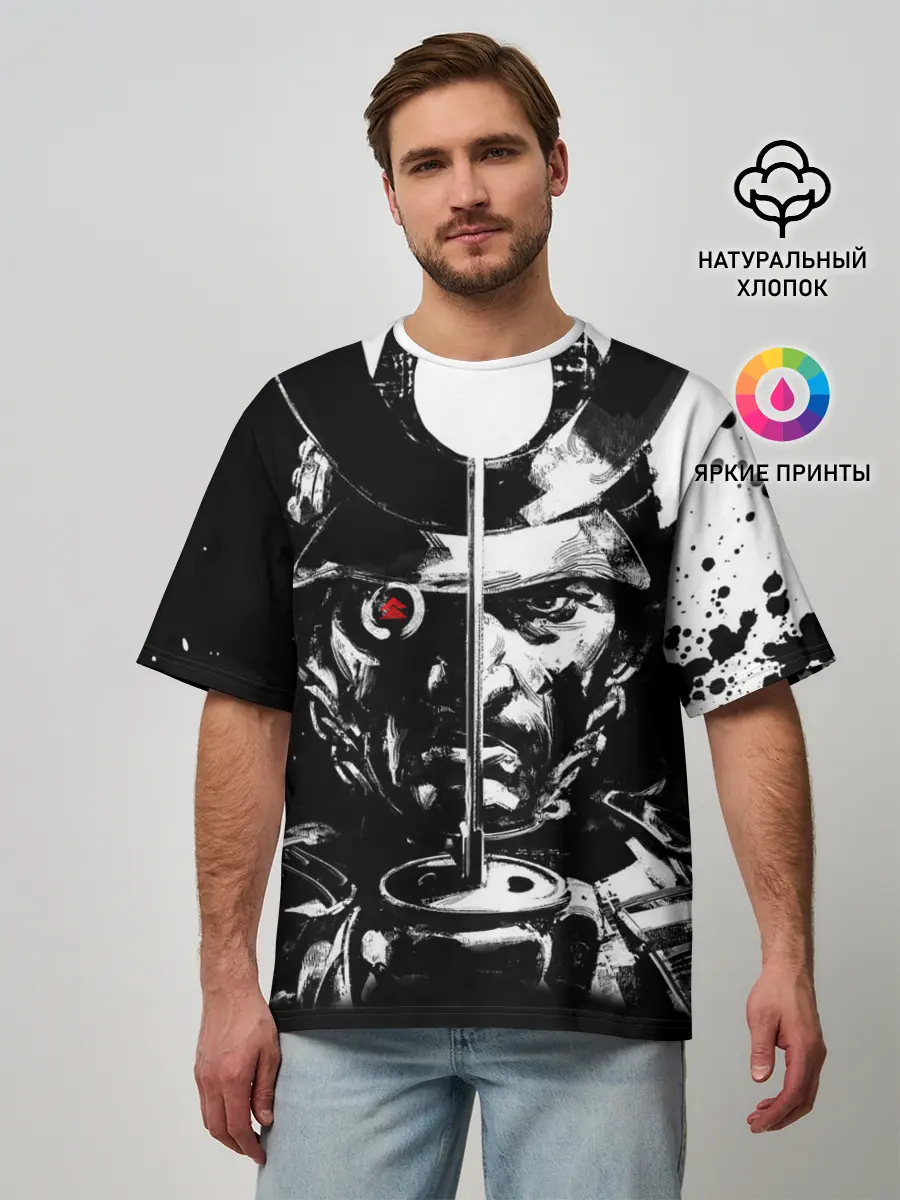 Мужская футболка оверсайз / Самурай | ЧБ | Лого