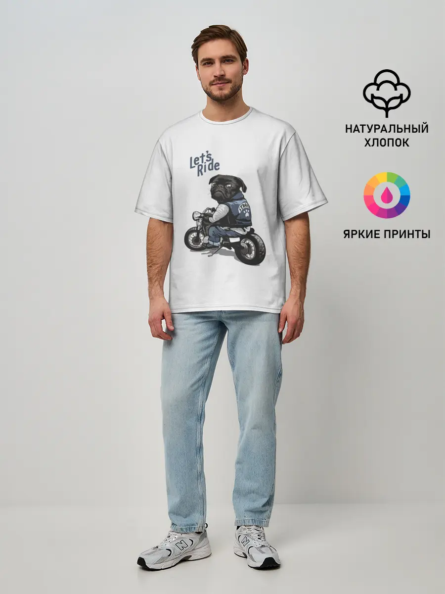 Мужская футболка оверсайз / Pug Rider | Байкер Мопс