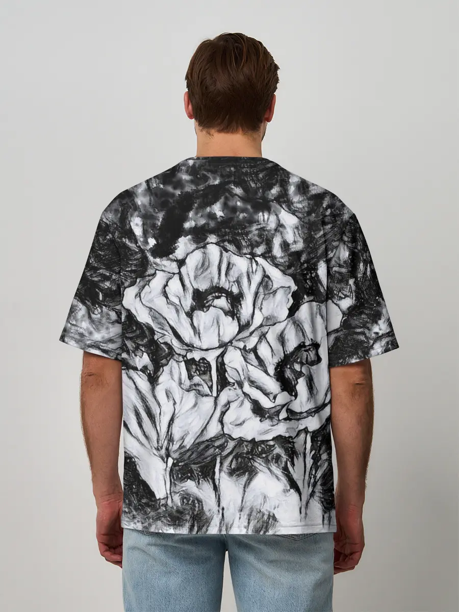 Мужская футболка оверсайз / Черно-белый узор. Маки.