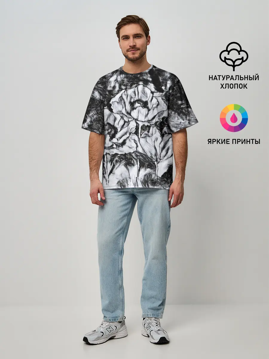 Мужская футболка оверсайз / Черно-белый узор. Маки.