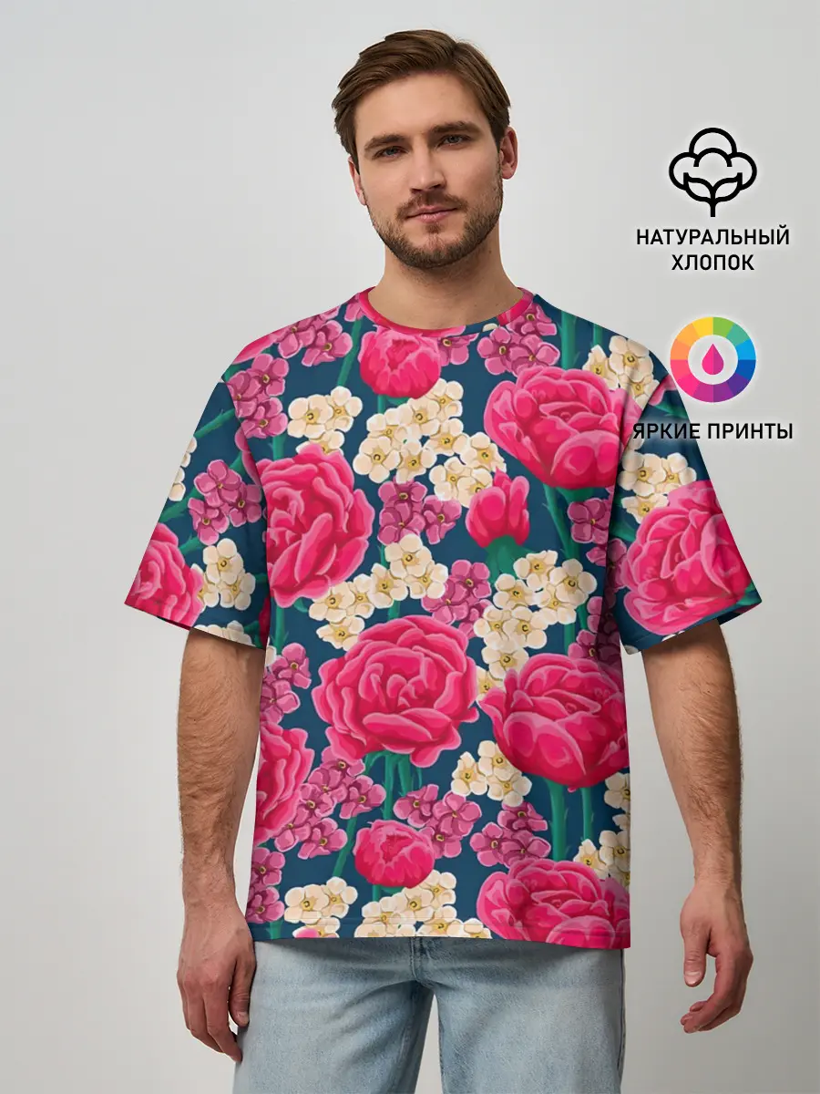 Мужская футболка оверсайз / Поле роз