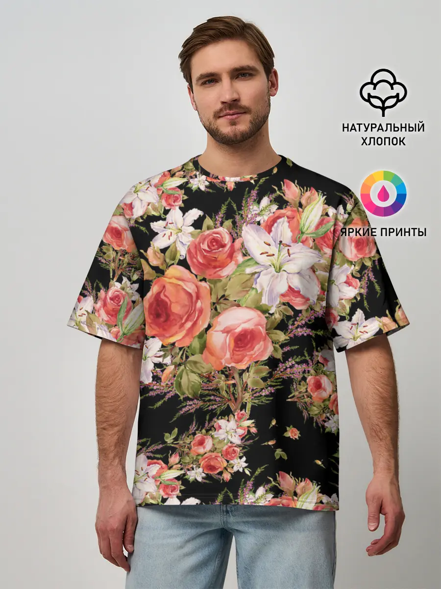 Мужская футболка оверсайз / Лилии и розы