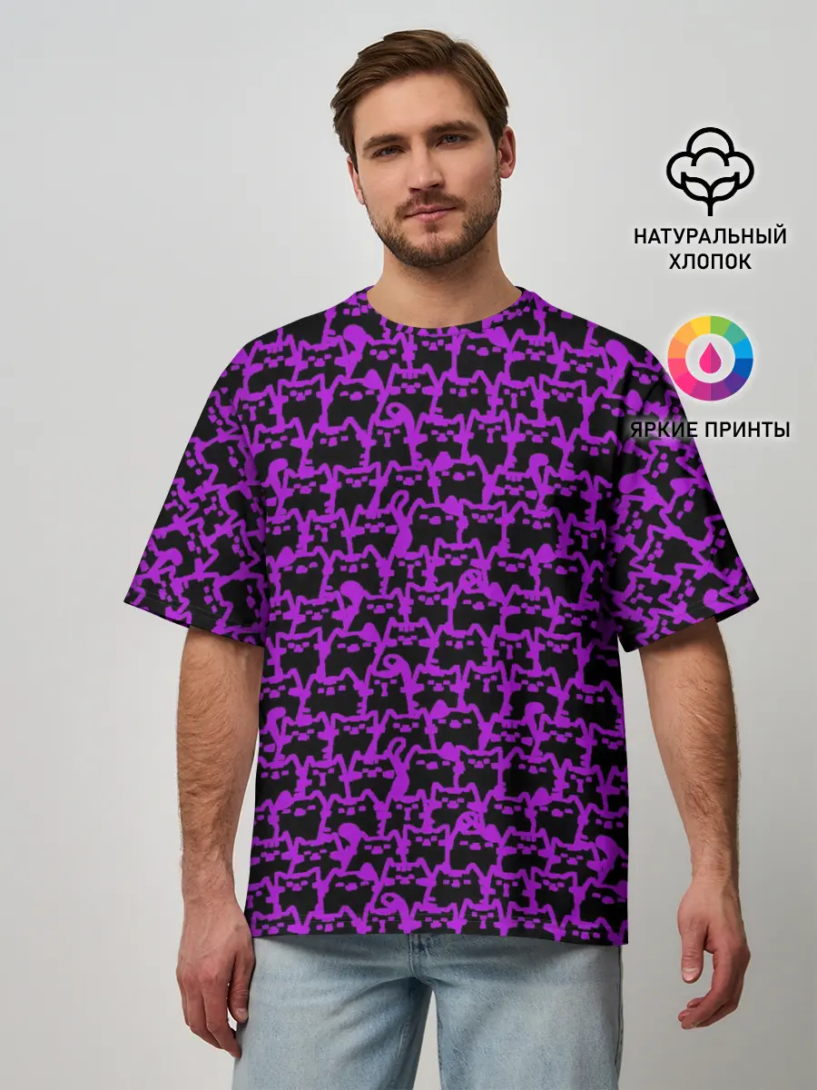 Мужская футболка оверсайз / Неоновые коты