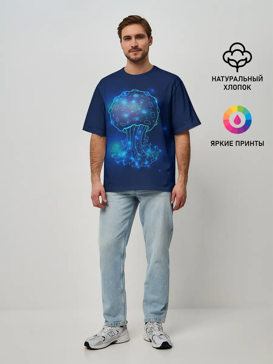 Мужская футболка оверсайз / Медуза на синем