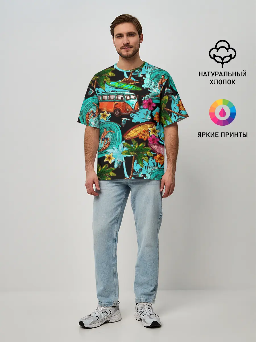 Мужская футболка оверсайз / Пальмы, волны, серфинг