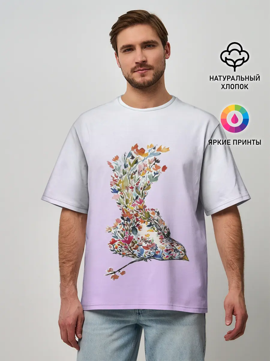 Мужская футболка оверсайз / акварельная птичка