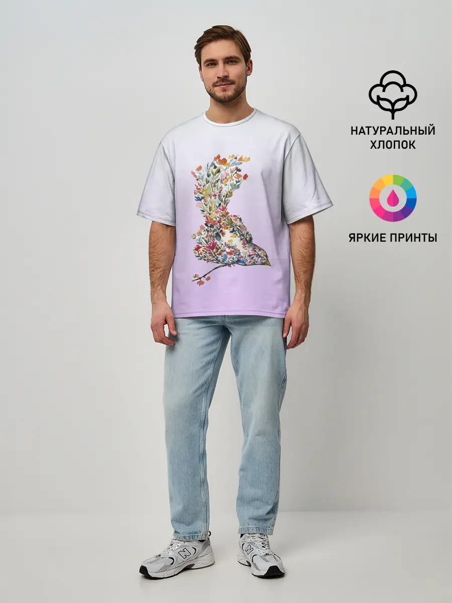 Мужская футболка оверсайз / акварельная птичка