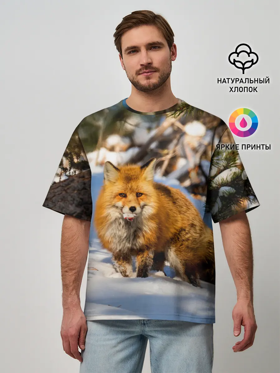 Мужская футболка оверсайз / Лиса в лесу