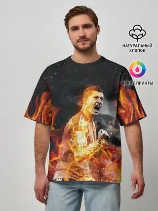 Мужская футболка оверсайз / РОБЕРТ ЛЕВАНДОВСКИ / ОГОНЬ