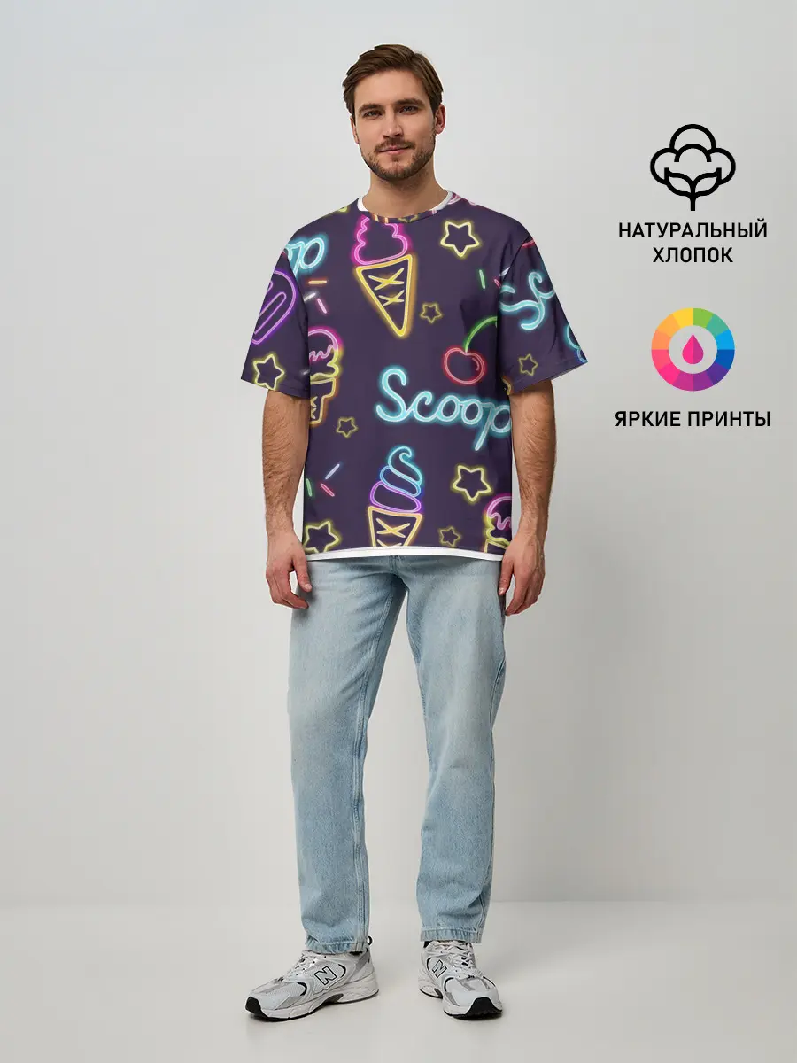 Мужская футболка оверсайз / Мороженное неон