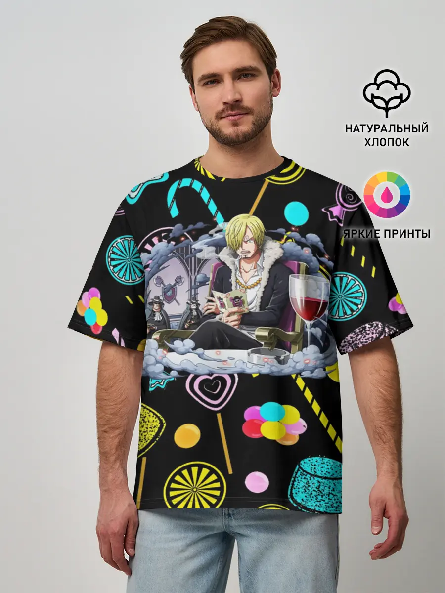 Мужская футболка оверсайз / Винсмок Санджи. Фон со сладостями