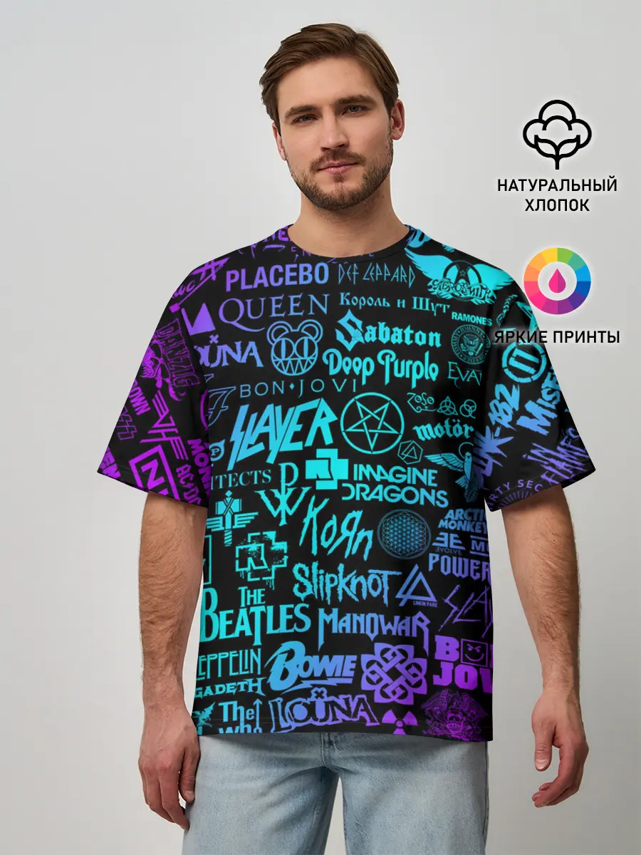 Мужская футболка оверсайз / ЛОГОТИПЫ РОК ГРУПП НЕОН