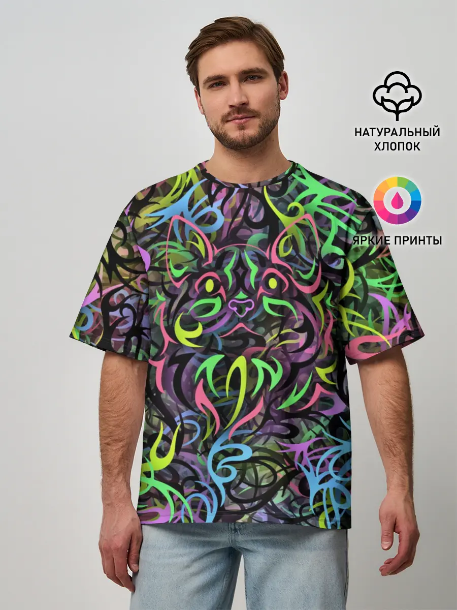 Мужская футболка оверсайз / Абстрактный кот