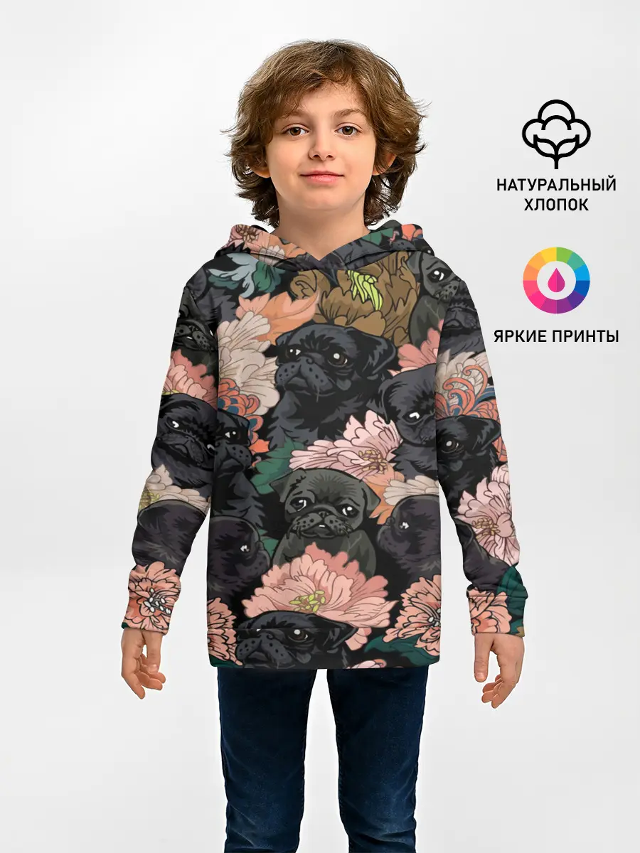 Детское худи / Мопсы и Цветы