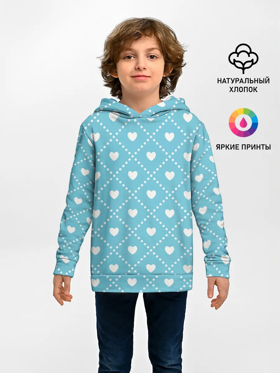 Детское худи / Белые сердечки на голубом фоне
