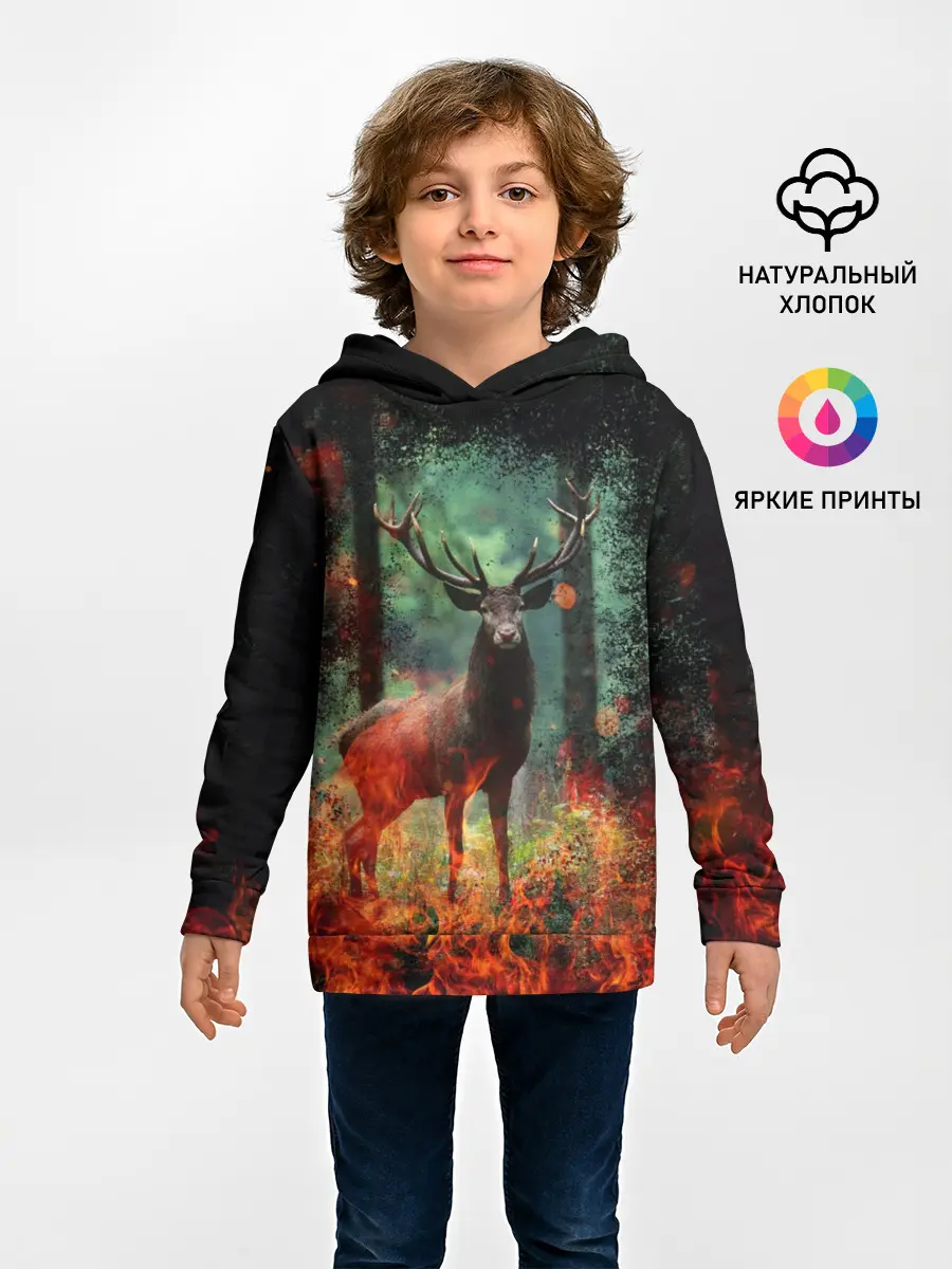 Детское худи / Олень в горящем лесу Сибири