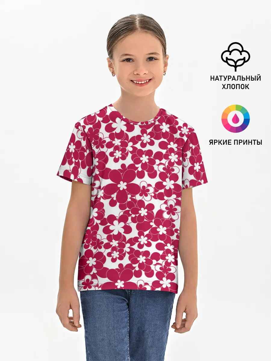 Детская базовая футболка / Бело-красный цветочный