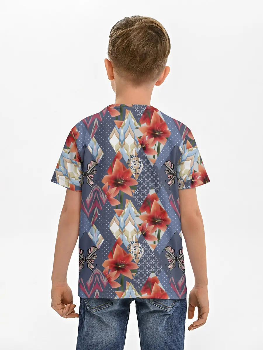 Детская базовая футболка / Оранжево-серый пэчворк