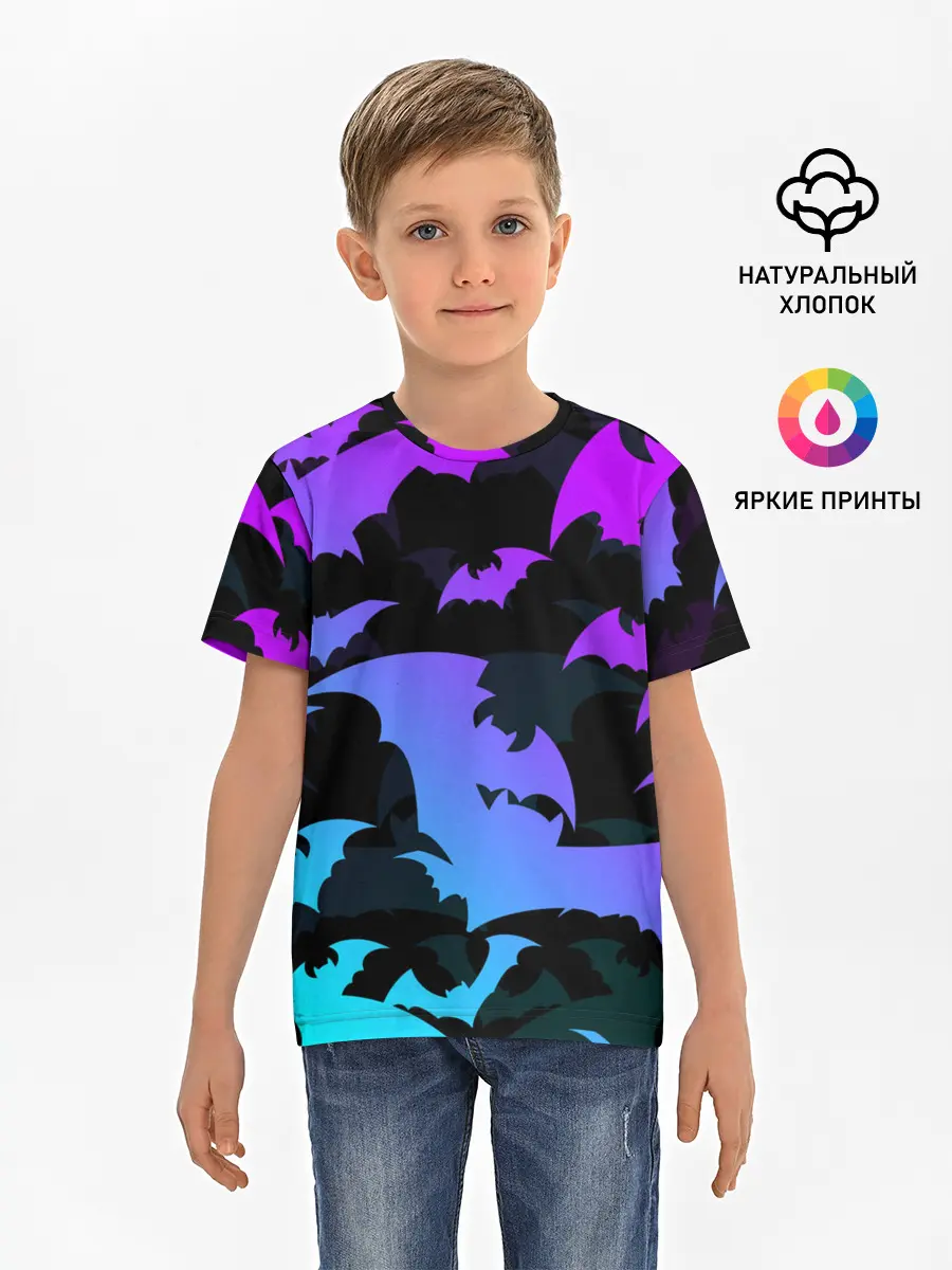 Детская базовая футболка / ЛЕТУЧИЕ МЫШИ ХЕЛЛОУИН НЕОН / HALLOWEEN NEON