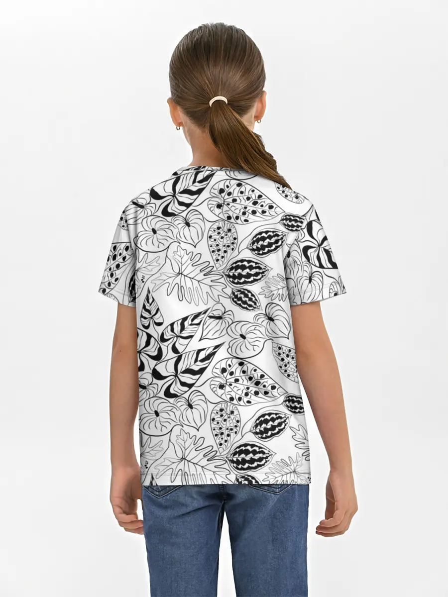 Детская базовая футболка / Черно-белый узор Тропики