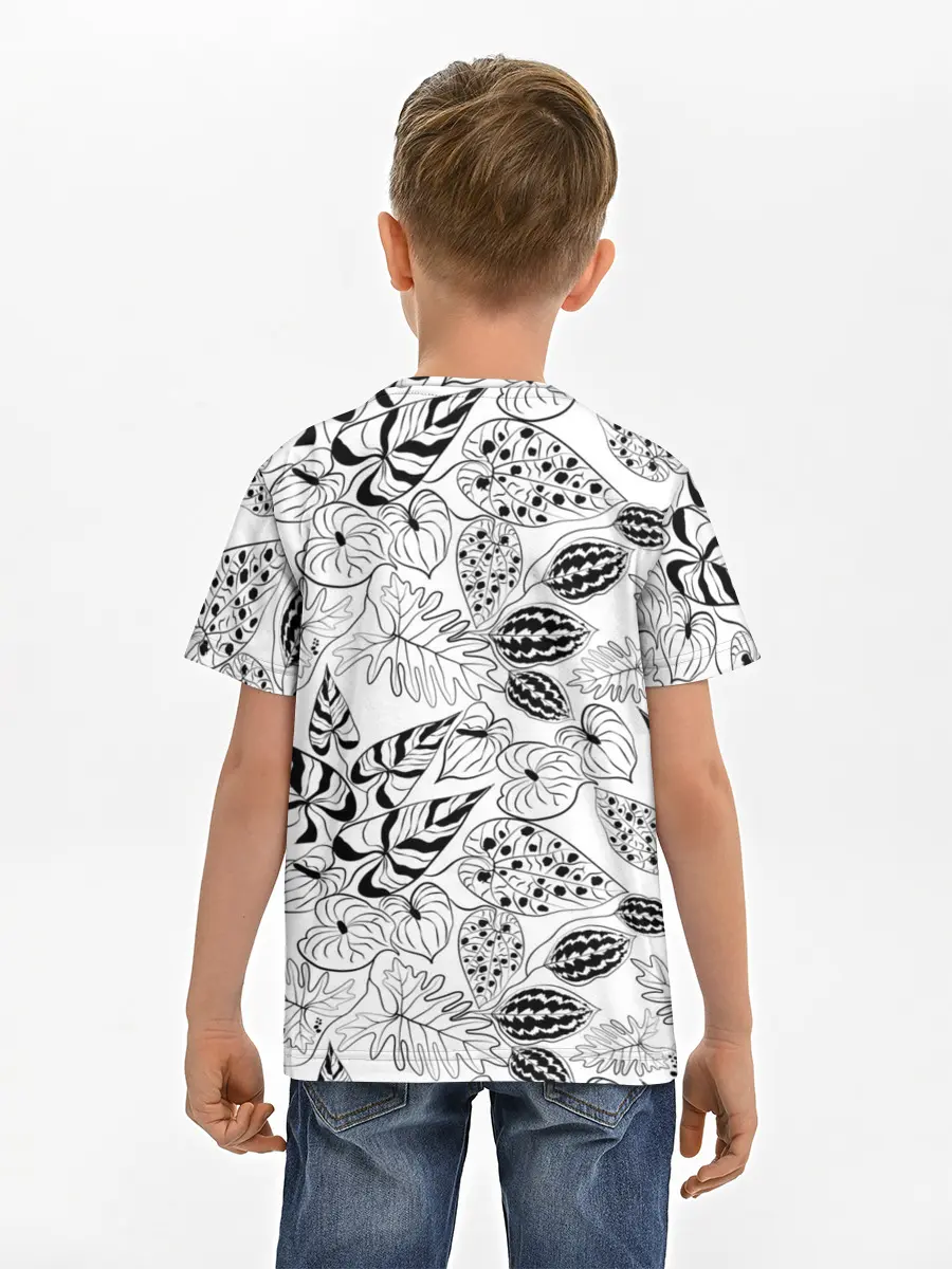 Детская базовая футболка / Черно-белый узор Тропики