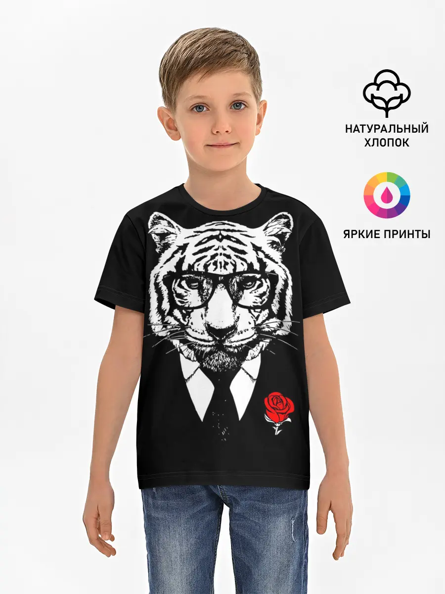 Детская базовая футболка / Тигр с красной розой