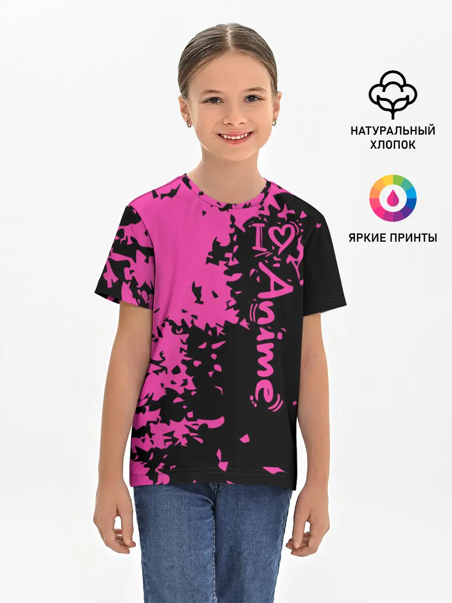 Детская базовая футболка / Love anime розовые кляксы на черном