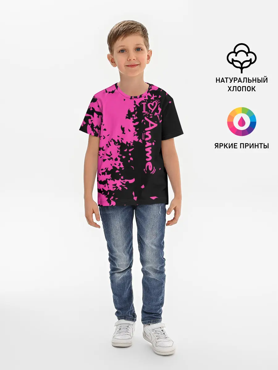 Детская базовая футболка / Love anime розовые кляксы на черном