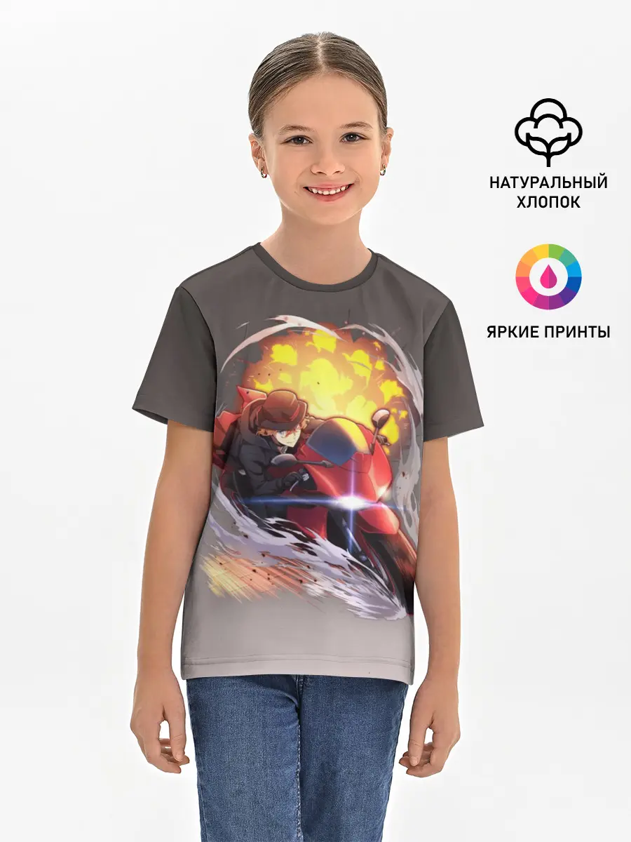 Детская базовая футболка / Чуя Накахара на мотоцикле взрыв