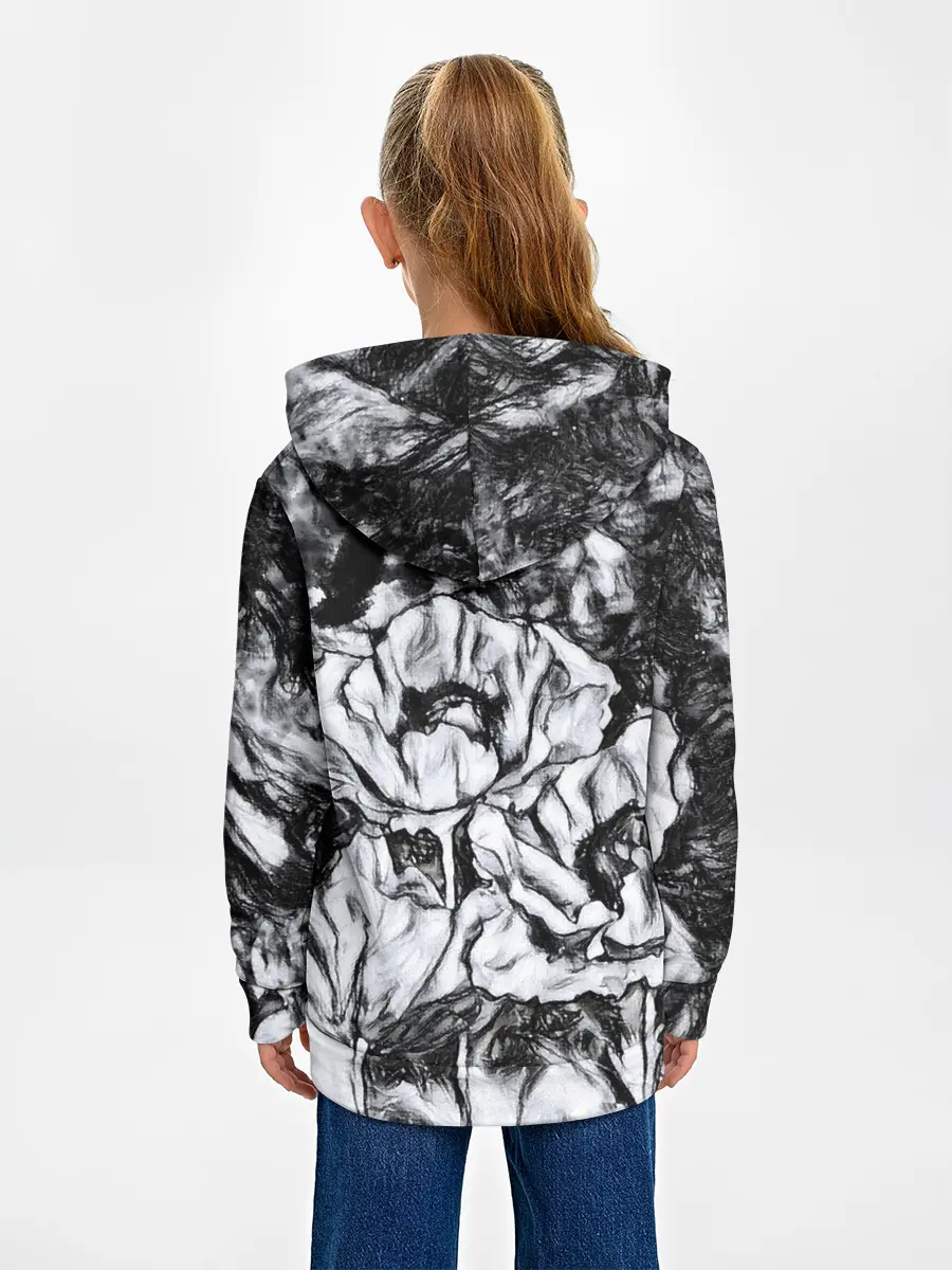 Детское худи / Черно-белый узор. Маки.