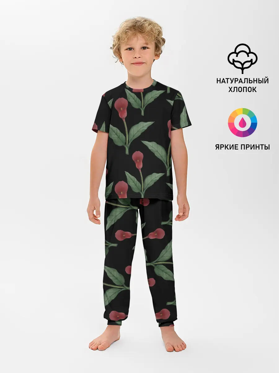 Детская пижама с брюками / Красные каллы на черном