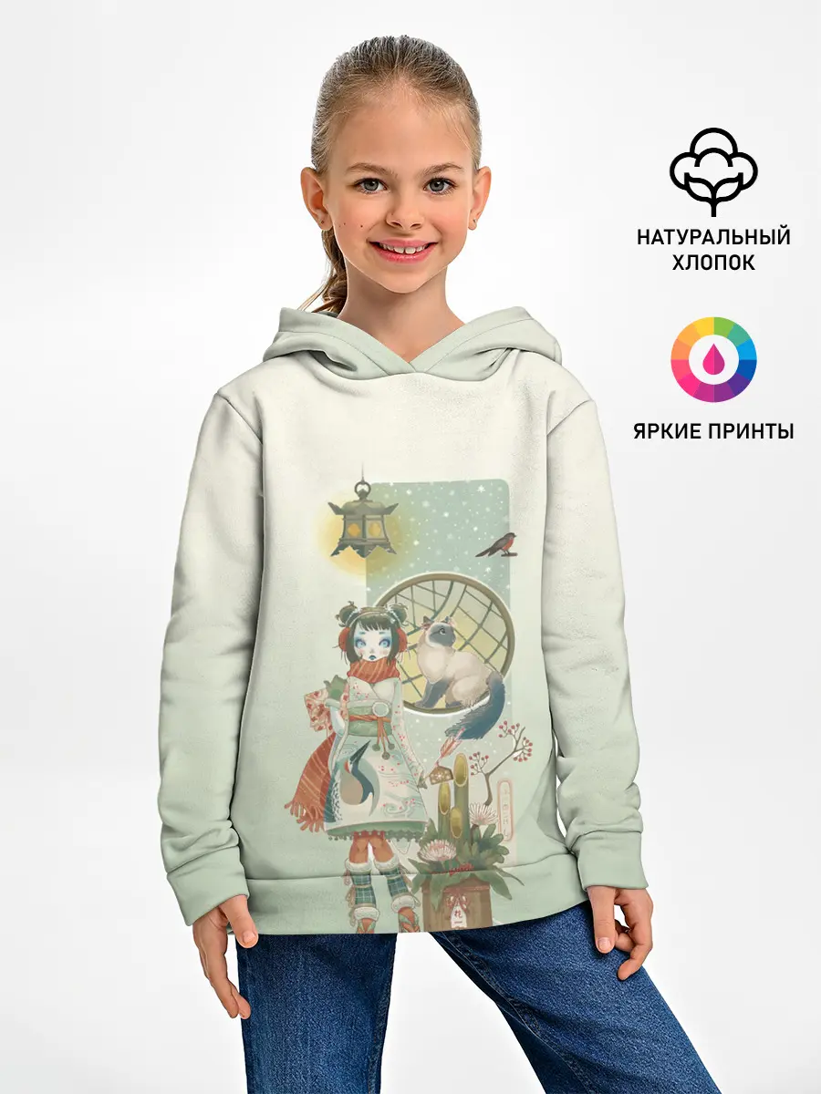 Детское худи / девушка кимоно зима Япония кот
