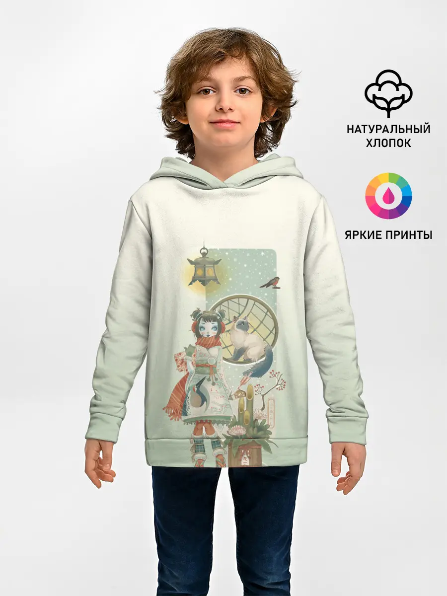 Детское худи / девушка кимоно зима Япония кот