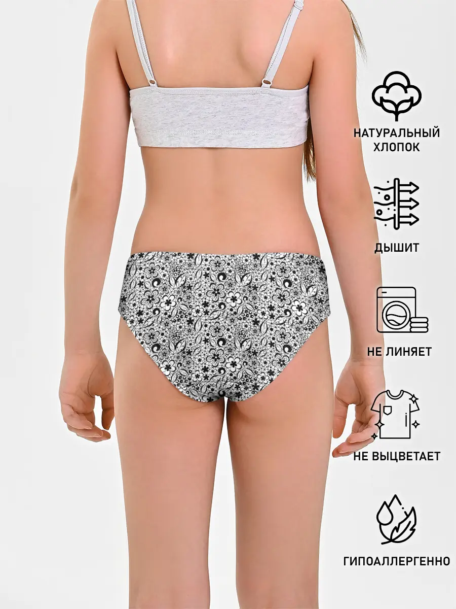 Трусы для девочек / Черное кружево цветочное