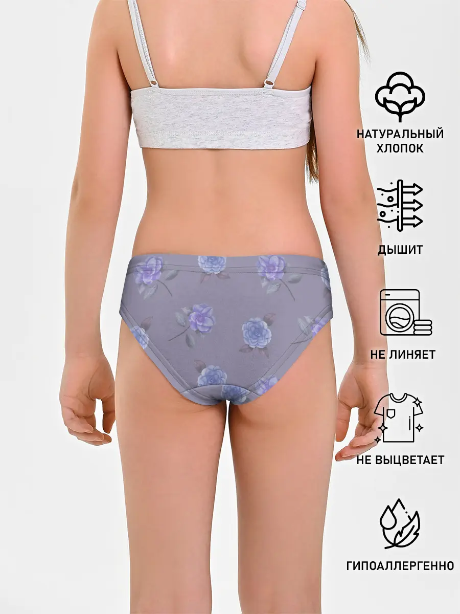 Трусы для девочек / Голубые камелии на сером