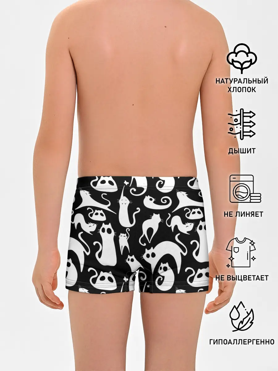 Трусы для мальчиков / Белые коты на черном фоне