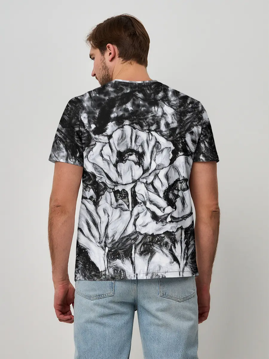 Мужская базовая футболка / Черно-белый узор. Маки.