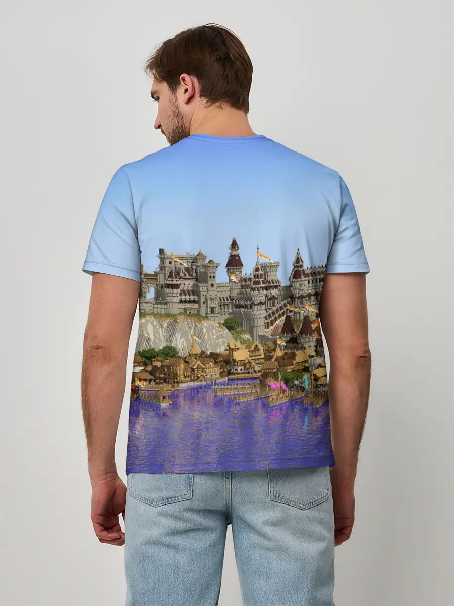 Мужская базовая футболка / Корабль и замок в манкрафт.