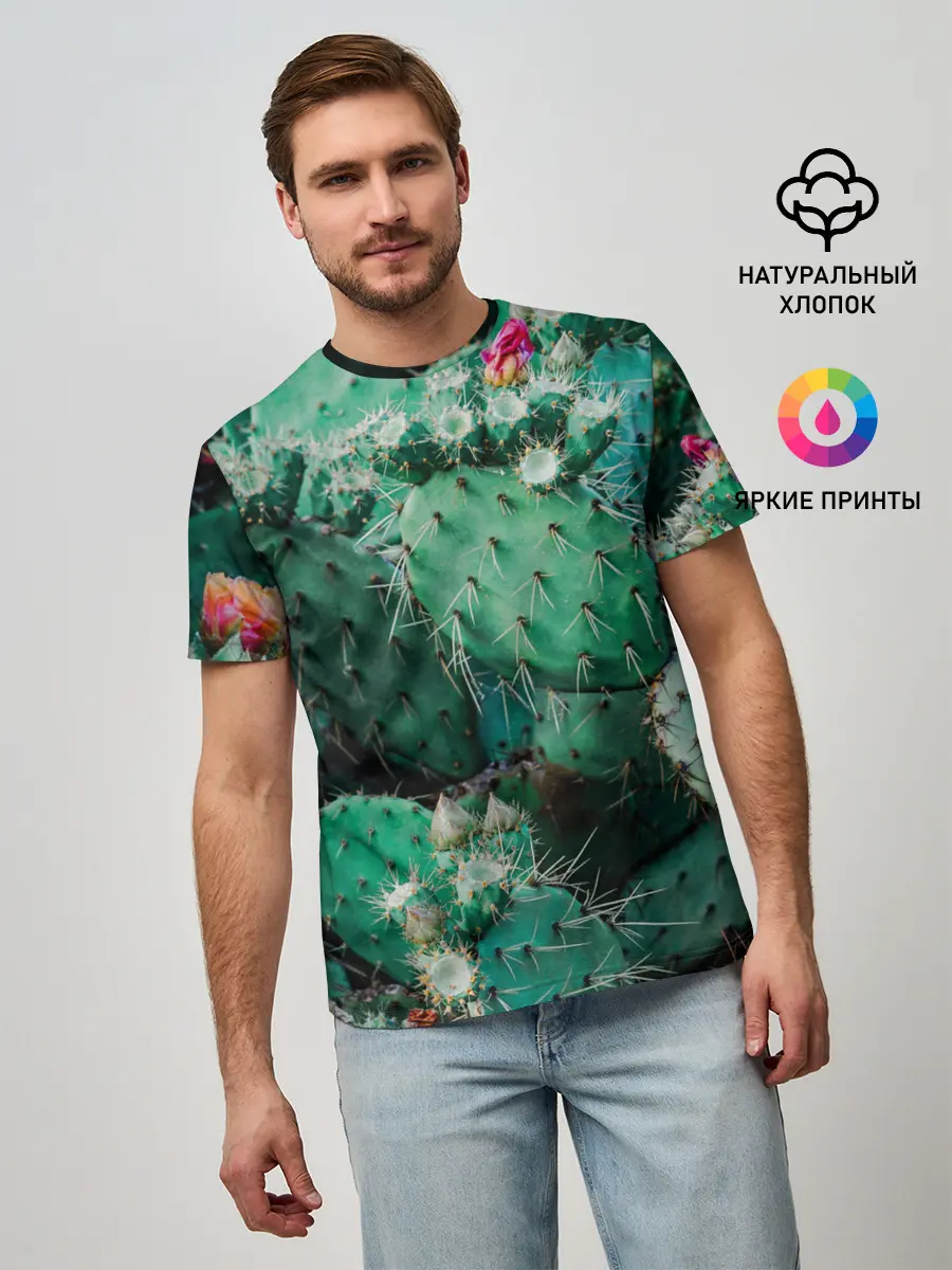 Мужская базовая футболка / кактусы с цветами реализм