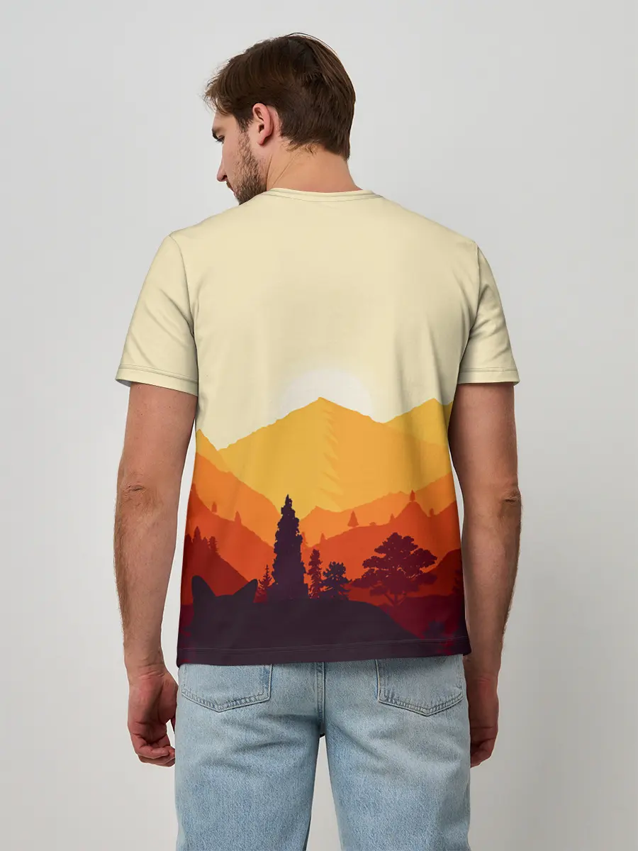 Мужская базовая футболка / Горы закат пейзаж лиса арт