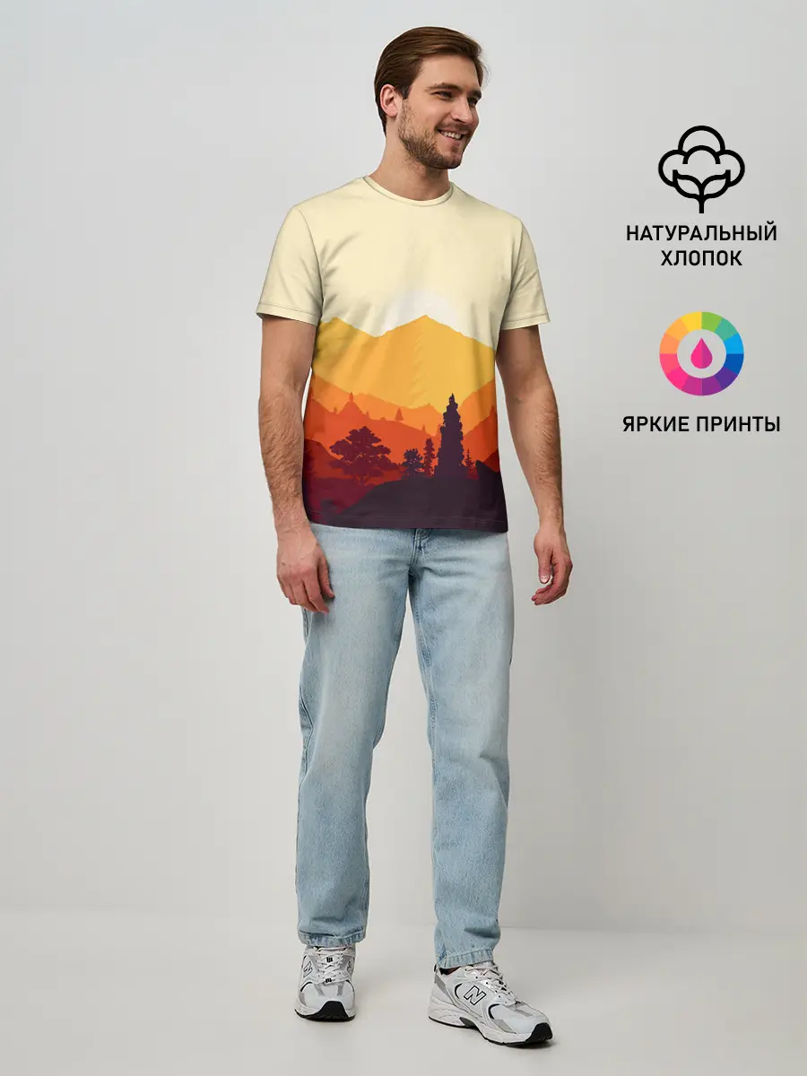 Мужская базовая футболка / Горы закат пейзаж лиса арт