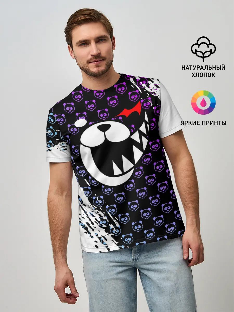 Мужская базовая футболка / Монокума на фиолетовом паттерне