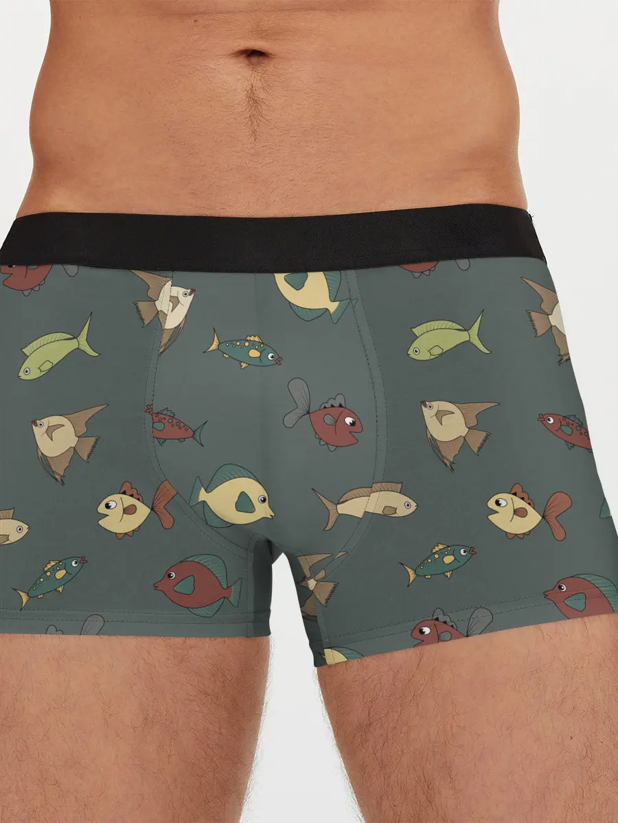 Мужские трусы боксеры / Морские рыбки на зеленом фоне