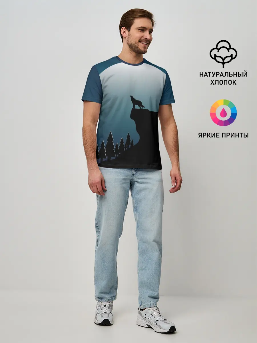 Мужская базовая футболка / ВОЛК И ЛУНА 3D